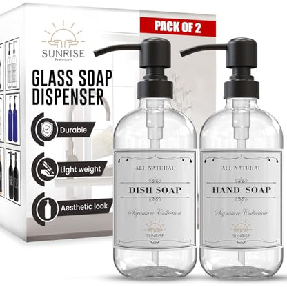 Sunrise Premium Clear Glass Soap Dispenser with Pump, 2 Pack - color: Matte Black Ss Pump - Clear Glass