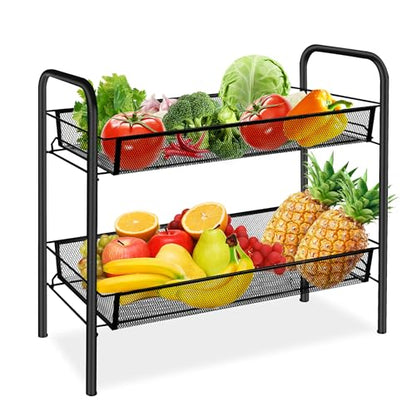 CVHOMEDECO. 2 Tier Fruit Basket Large Capacity Rectangular Metal Fruit Bowl Detachable Metal Fruit Stands Organizer for Kitchen Counter, Bread, Vegetable, Snack and Fruits. Black - color: Black 2 Tier