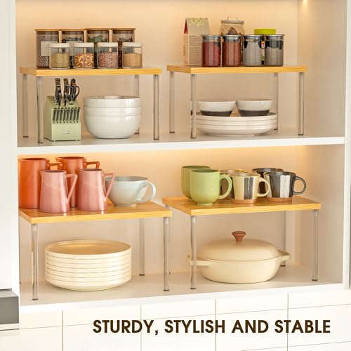 Jolitac Cabinet Organizer Shelf - Set of 4 Clear Acrylic Spice Rack, Stackable Pantry Storage Shelves for Kitchen Counter, Bathroom, Desk - Multi-Purpose Bamboo Space Saving Shelves, Easy Assembly