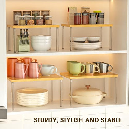 Jolitac Cabinet Organizer Shelf - Set of 4 Clear Acrylic Spice Rack, Stackable Pantry Storage Shelves for Kitchen Counter, Bathroom, Desk - Multi-Purpose Bamboo Space Saving Shelves, Easy Assembly
