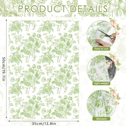 Larcenciel Elegant Floral Tissue Paper for Gift Bags, Sage Green Flower Gift Wrapping Tissue Paper, Pretty Botanical Packing Supplies for Wedding Gifts, Birthday Presents & Crafts, 20x14 in 30 Sheets - color: Green And White