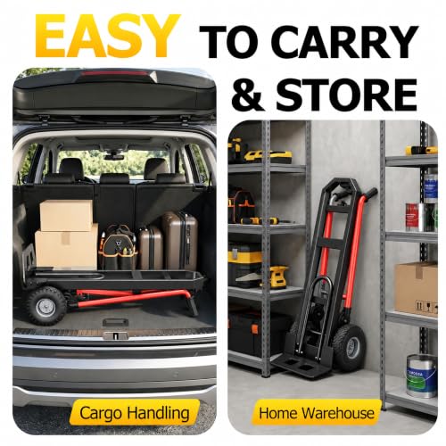 4 in 1 Folding Hand Truck, 1000lbs Capacity Dolly Cart Industrial Convertible Heavy Duty with Retractable Handle and 4 Rubber Wheels, Collapsible Cart for Moving Home, Warehouse, Black-Red - color: Black Red-1000