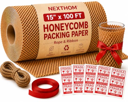 Honeycomb Packing Paper, 15 Inch x 100 FT – Eco-Friendly Recyclable Cushioning Wrap Roll for Moving & Shipping, Bubble Wrap Alternative with Rope, Ribbon & 40 Fragile Stickers - size: 15" x 100'