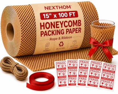 Honeycomb Packing Paper, 15 Inch x 100 FT – Eco-Friendly Recyclable Cushioning Wrap Roll for Moving & Shipping, Bubble Wrap Alternative with Rope, Ribbon & 40 Fragile Stickers - size: 15" x 100'