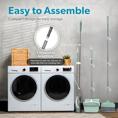 BLACK+DECKER Butler Broom & Dustpan Set - Short Handle, Stand-Up Design - Lightweight, Space-Saving Combo for Kitchen, Living Room, Bathroom, Lobby Floors - Home Cleaning Essential, Teal/Grey