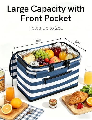 26L Insulated Picnic Basket,Collapsible Leak-Proof Bag,Coastal Blue - color: Coastal Blue, size: 26L
