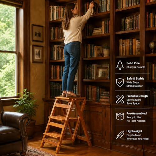 3-Step Wooden Folding Step Stool – Solid Pine Frame, Non-Slip Steps, Anti-Scratch Base, 337lb Capacity – No Assembly Required, Space-Saving for Kitchen & Home – Walnut (Light Brown) - color: Light Brown