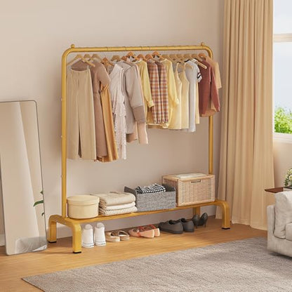 JIUYOTREE Metal 43.3 Inches Garment Rack with Bottom Shelf Clothing Rack for Hanging Clothes Coats Skirts Shirts Sweaters Gold - color: Gold, size: 43.3"W x 15.75"D x 61"H without wheels