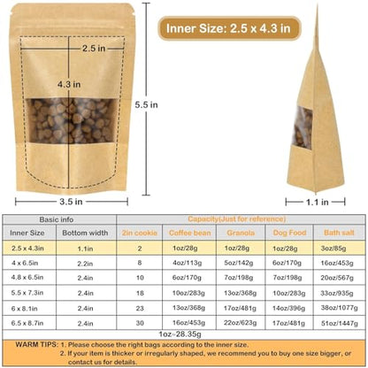 50 Pack Kraft Resealable Bags with Window for Storage (2.5 x 4.3 Inches) - size: 2.5 x 4.3 Inches