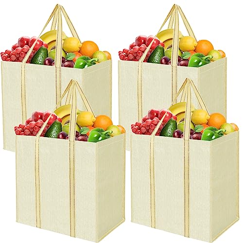 BALEINE 4 PK Grocery Bags Reusable Shopping Bags with Reinforced Bottom, Heavy Duty Foldable Tote Bags (Beige) - color: Beige, size: 4 PK