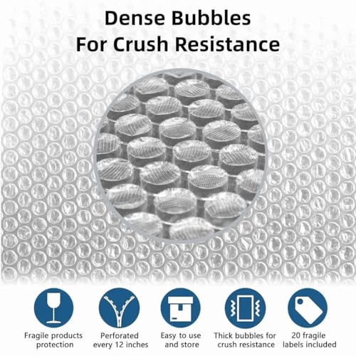 2 Pack Bubble Wrap Rolls For Moving Boxes, 3/16" Air Bubble, 12 Inch x 72 Feet Total, Perforated Every 12", Included 10 Poly Mailers 12" x 16", 20 Fragile Stickers