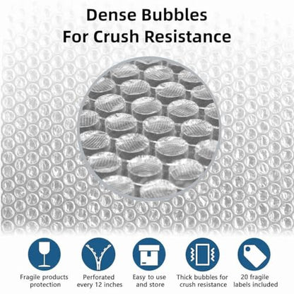 2 Pack Bubble Wrap Rolls For Moving Boxes, 3/16" Air Bubble, 12 Inch x 72 Feet Total, Perforated Every 12", Included 10 Poly Mailers 12" x 16", 20 Fragile Stickers