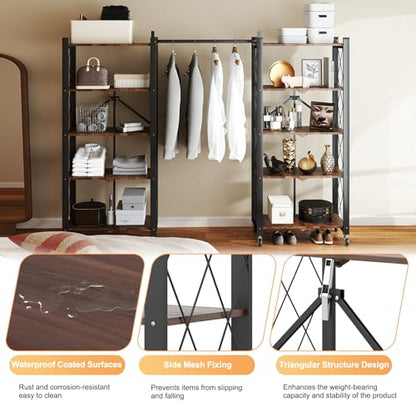 5-Tier Foldable Storage Shelves with Wheels,Folding Bookshelf no Assembly - color: Rustic Brown, size: 5 Tier