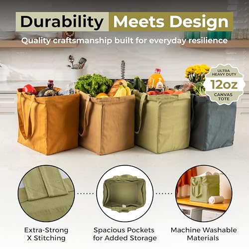 VeraMia Canvas Grocery Bag 3pc XL Set with Real Pockets, Long Shoulder Strap and Short Handle. Heavy Duty, Foldable, Washable - color: Avocado