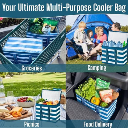 VENO 2 Pack Cooler Bag Insulated Grocery Bags for Food Delivery Heavy Duty - color: Classic Navy Stripe, size: 2 Pack