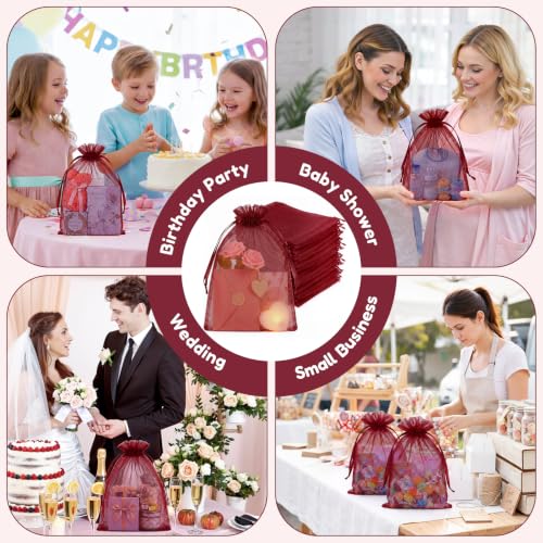 Crweety 50PCS Organza Bags 8x12 Large Red Mesh Gift Bags Drawstring - color: Red (Burgundy)