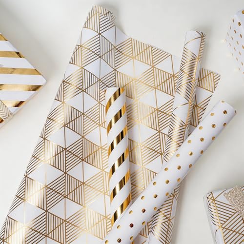 BIOBROWN Gold Foil Gift Wrapping Paper for Anniversary, Birthday, Christmas - color: Gold&Geometry