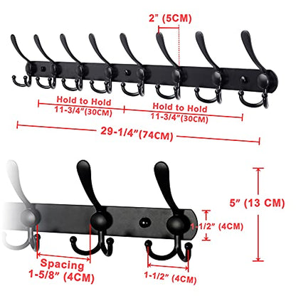 Dseap Coat Rack Wall Mount - 29.5” Long 8-Tri-Hooks Heavy Duty Coat Hanger Rail Wall Hooks for Hanging Coats Hats Clothing Clothes Purse Mudroom Entryway, Black, Pack of 2 - color: Black, size: L=29.5” (2 Pcs)