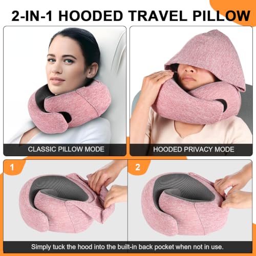 Travel Pillow - Hooded Neck Pillow Airplane Memory Foam Filling (Red) - color: Red