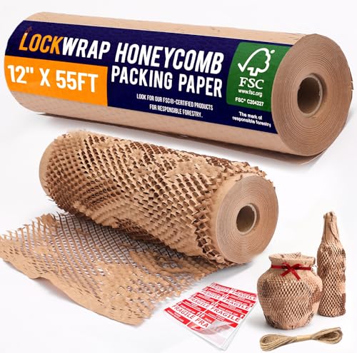 Honeycomb Packing Paper For Moving 12" x 55ft With Rope & Fragile Stickers - size: 12" x 55ft