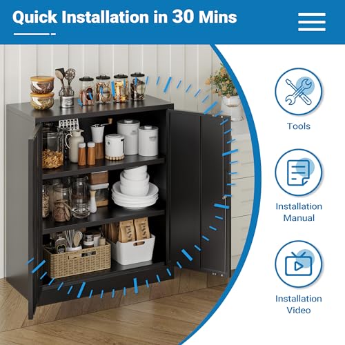 Metal Storage Cabinet,36" Locking Cabinet with 2 Adjustable Shelves - color: Black, size: 36"H×32"W×16"D