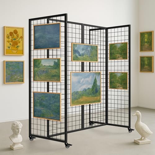Grid Wall Panels, Grid Wall with Wheels,4x5.5Ft Gridwall Panel Display Stand,Sturdy Art Display Panels, Grid Display Stand, Black - color: Black