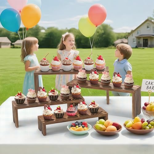 2 Set wood tone Wooden Tiered Display Stands 4 Tier Stackable Pine Wood Display Risers, Suitable for Vendor Events, Cupcake Stands, cake stand Wooden Dessert Table Sets, Vendor Booth Displays,Cosmetic & pantry organizers and storage can organizer, Kitchen