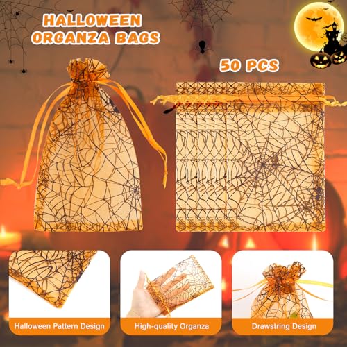 G2PLUS Halloween Organza Bags 50PCS, Orange Sheer Mesh Pouches 4x6 - color: Orange-Halloween