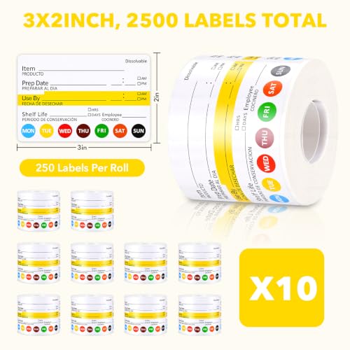 10 Rolls 2500 Pcs Restaurant Quality Shelf Life Food Rotation Labels Vinyl 2” x 3” Self-Adhesive Removable Freezer Food Labels Perfect for Reusable Containers Food Safety Date Sticker, Easy to Remove