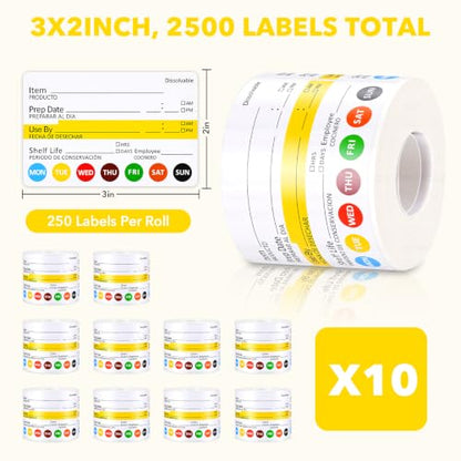 10 Rolls 2500 Pcs Restaurant Quality Shelf Life Food Rotation Labels Vinyl 2” x 3” Self-Adhesive Removable Freezer Food Labels Perfect for Reusable Containers Food Safety Date Sticker, Easy to Remove