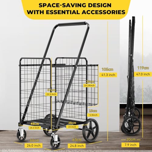 5.0 Cu Ft Folding Shopping Cart with 360° Braked Swivel Wheels
