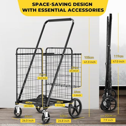 5.0 Cu Ft Folding Shopping Cart with 360° Braked Swivel Wheels