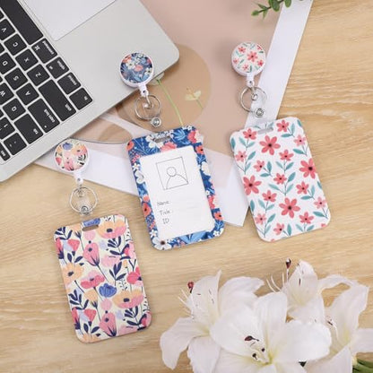 3 Pack Flower Badge Holder with Retractable Reel, Vertical Id Card Holder - color: Painting Flower