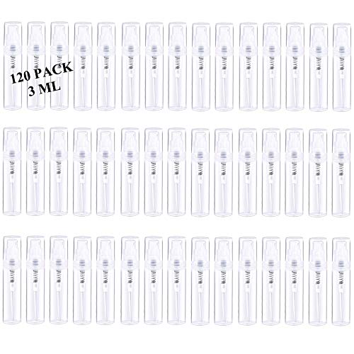 Mini Spray Bottle, Clear Plastic Empty Sample Containers, Fine Mist Perfume Travel Refillable Spray Bottle Perfume Atomizer Small Portable Bottle for Cleaning, Essential Oils 120Pcs 3ml - size: 3ml 120 Pcs