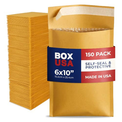 BOX USA 6 x 10" Kraft Bubble Mailers (150-Pack) - Brown Padded Envelopes, Self-Seal Shipping Bags for Business, Heavy Duty Cushioned Mailing Envelopes for Packaging and Shipping - size: 6x10" (150-Pack)