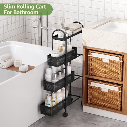 KINGRACK 4 Tier Slim Rolling Cart with Drawer, Metal Utility Storage Cart - color: Black, size: 4 Tier-3BKT
