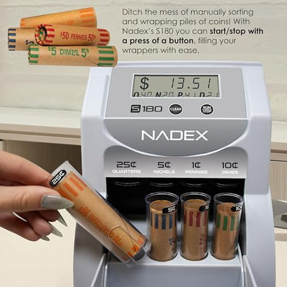 Nadex S180 Digital Coin Sorter and Counter – Displays Total and Denomination Values, Silver