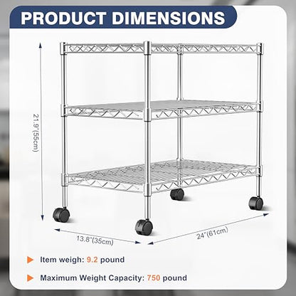 3-Tier Wire Shelf Rack,3-Shelves Metal Storage Rack with Lockable Wheels - size: 3-Tier,24"x14"x22"(WxDxH)