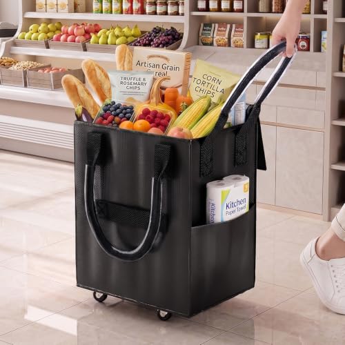 Reusable Grocery Bag on Wheel, Foldable Shopping Cart with Wheels, Can Carry up to 88 Pounds, Suitable for Groceries, Laundry, Camping and Moving. - color: Black - Medium