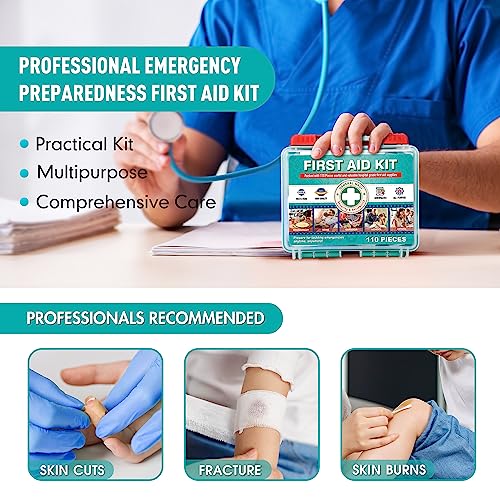 General Medi 110 Pieces Small First Aid Kit - HardCase First Aid Box - Contains Premium Medical Supplies for Travel, Home, Office, Vehicle, Camping, Workplace & Outdoor - size: 110 Pieces
