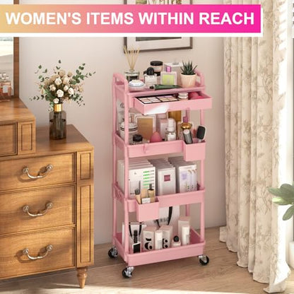 Goovilla 4 Tier Rolling Utility Cart Organizer with Removable Drawer, Pink - size: 4 Tier, style: Pink