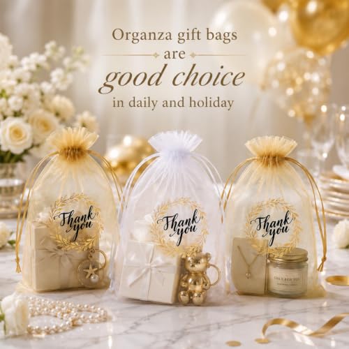 Shappy 100 Pcs 4x6 Inch Gold White Organza Bags, Thank You Gift Bags Bulk - color: White,Gold, size: 1 Count (Pack of 100)