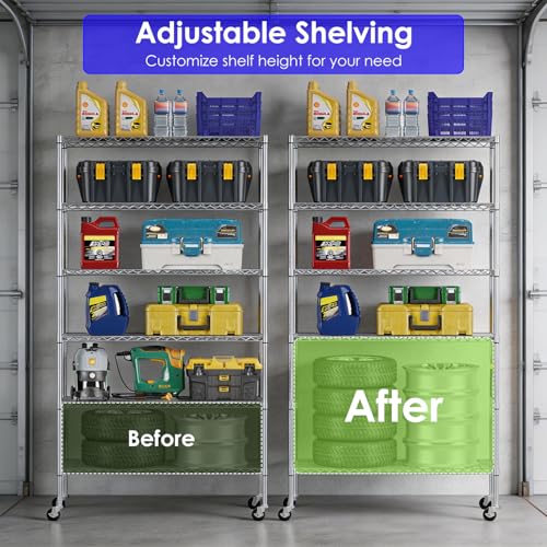 FDW | 6-Tier Wire Shelf with Wheels | 45" x 18" x 82" | Chrome - color: Chrome, size: 45×18×82