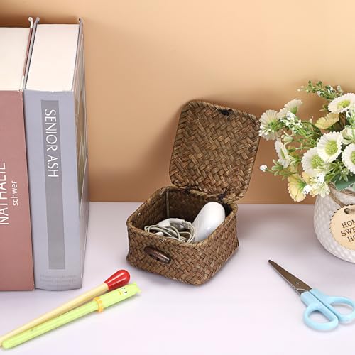 Hipiwe Mini Seagrass Basket Box Wicker Shelf Baskets with Lid, 3.5"x3.5"x2" - color: Coffee color, size: 3.5" x 3.5" x 2"