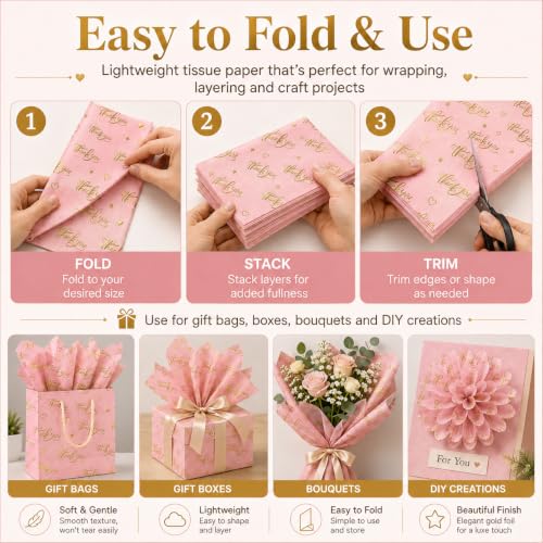 ROVIBIOBIO Thank You Pink Tissue Paper, 100 Sheets, 20 x 14 Inch - color: Gold Pink