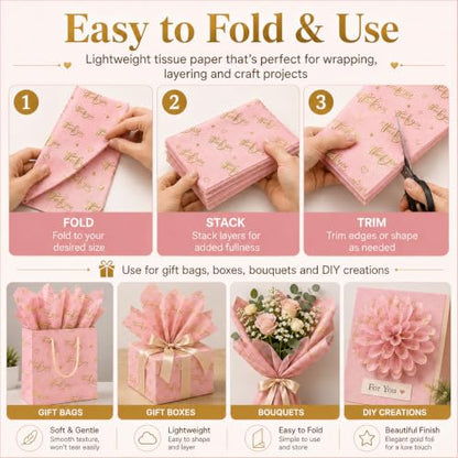 ROVIBIOBIO Thank You Pink Tissue Paper, 100 Sheets, 20 x 14 Inch - color: Gold Pink