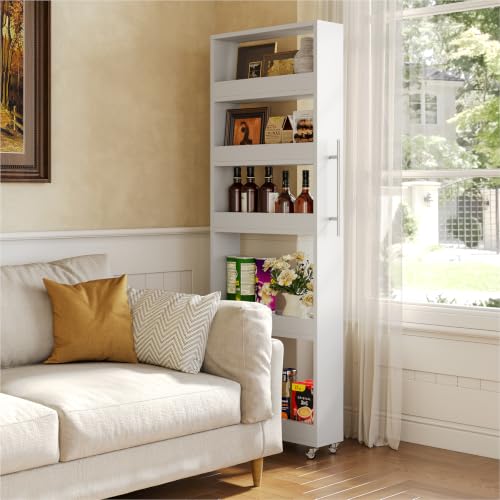 LITTLE TREE 63-Inch Slim Storage Cart on Wheels, 5-Tier Tall Narrow Mobile Shelf Organizer, Rolling Utility Cart with Metal Handle for Kitchen, Dining Room, Small Spaces, White - color: White
