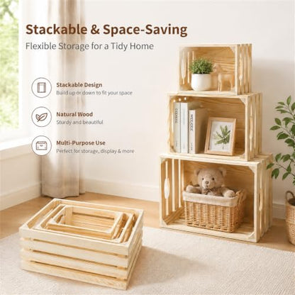 ZENFUN 3 Pack Wooden Nesting Crates with Handles, Decorative Hand Crafted Wood Box Nesting Crate Farmhouse Storage Basket Container for Display and Organization, Home Centerpieces