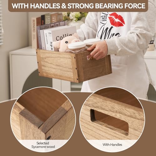KIRIGEN Stackable Wood Storage Cube with Handles, Open Cubby Bin, Brown - color: Dark Brown, size: M/14.2*9.1*6(C15)