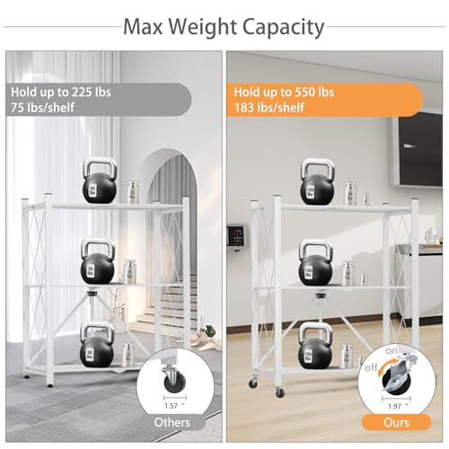 3 Tier Foldable Storage Shelf with Wheels Heavy Duty Garage Shelving - color: White, size: 3 Tier